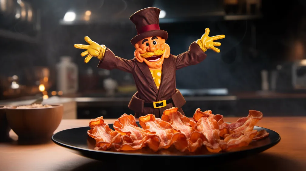 a plate of bacon with a happy puppet